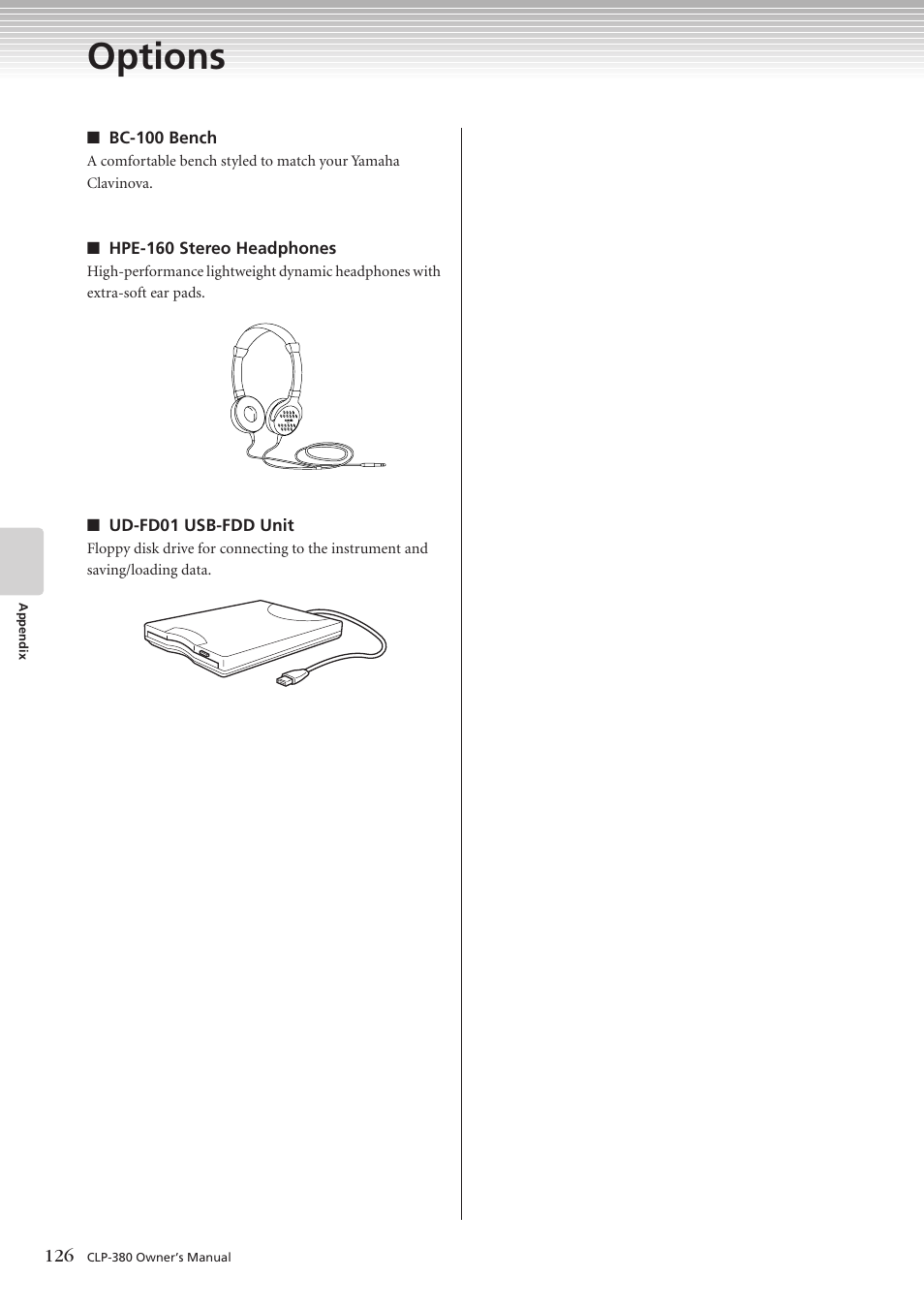 Options | Yamaha CLAVINOVA C L P - 3 8 0 User Manual | Page 126 / 136