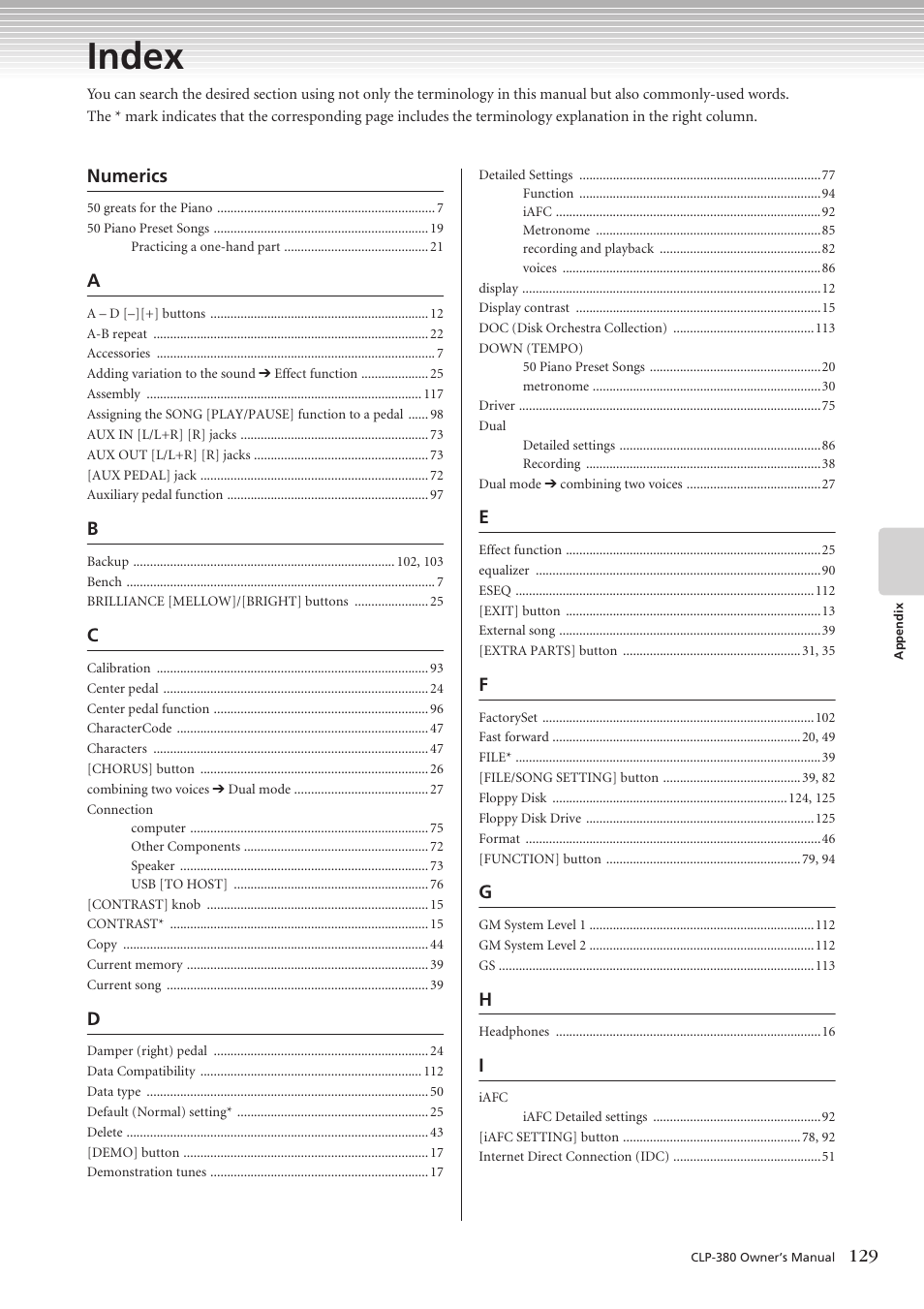 Index, Numerics | Yamaha CLAVINOVA C L P - 3 8 0 User Manual | Page 129 / 136
