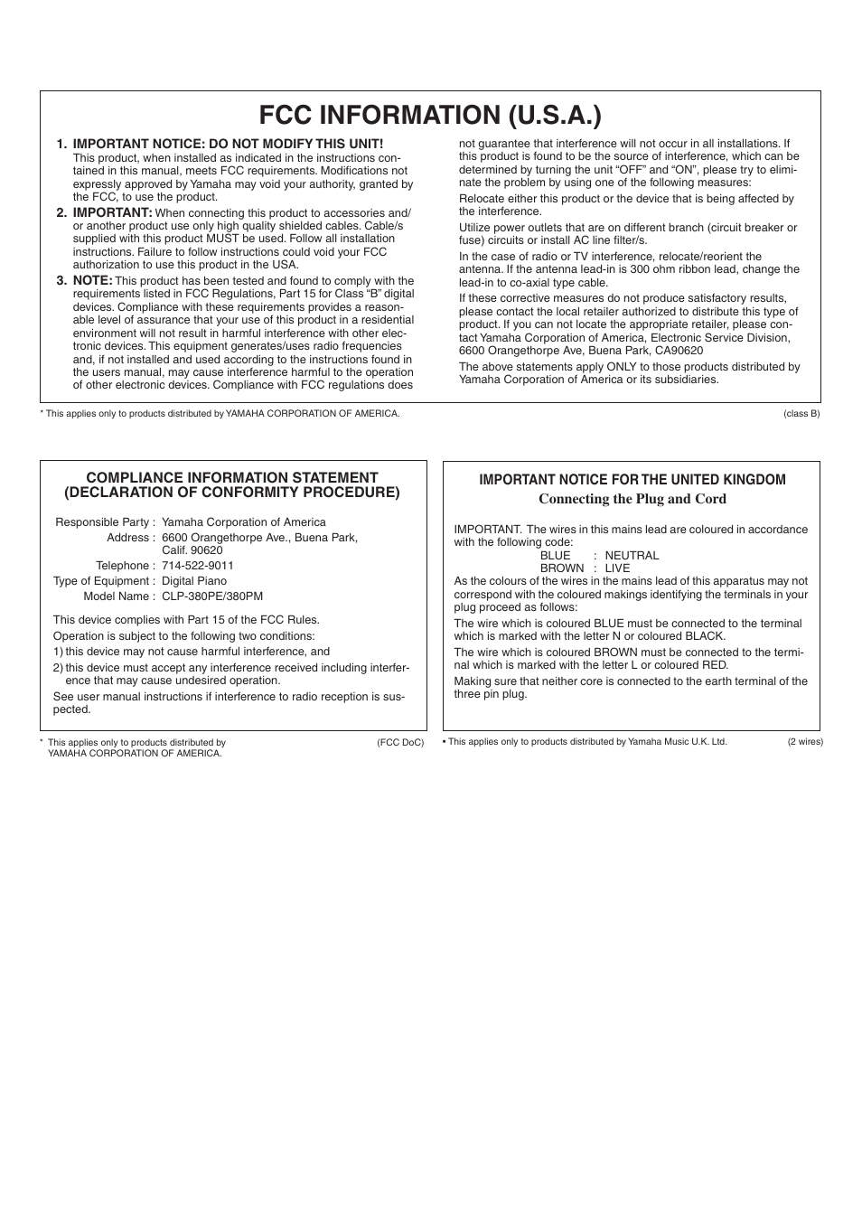 Fcc information (u.s.a.) | Yamaha CLAVINOVA C L P - 3 8 0 User Manual | Page 134 / 136