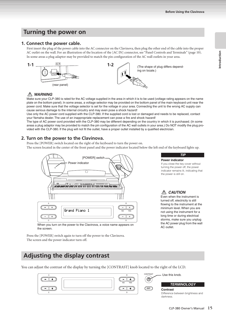 Turning the power on, Adjusting the display contrast, Connect the power cable | Turn on the power to the clavinova, Warning, Grand piano 1, Caution | Yamaha CLAVINOVA C L P - 3 8 0 User Manual | Page 15 / 136