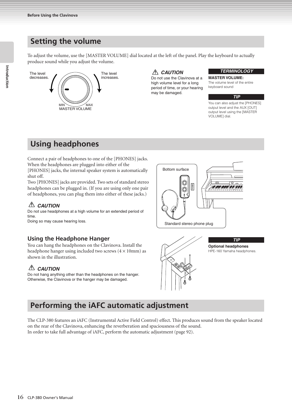 Setting the volume, Using headphones, Performing the iafc automatic adjustment | Using the headphone hanger | Yamaha CLAVINOVA C L P - 3 8 0 User Manual | Page 16 / 136