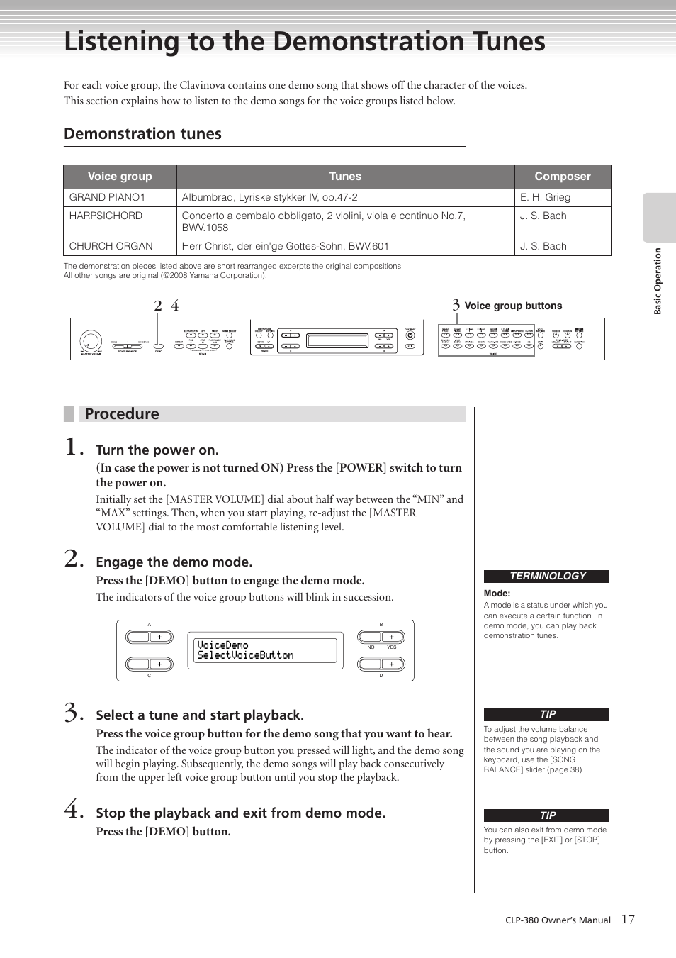 Basic operation, Listening to the demonstration tunes, Demonstration tunes | Procedure | Yamaha CLAVINOVA C L P - 3 8 0 User Manual | Page 17 / 136