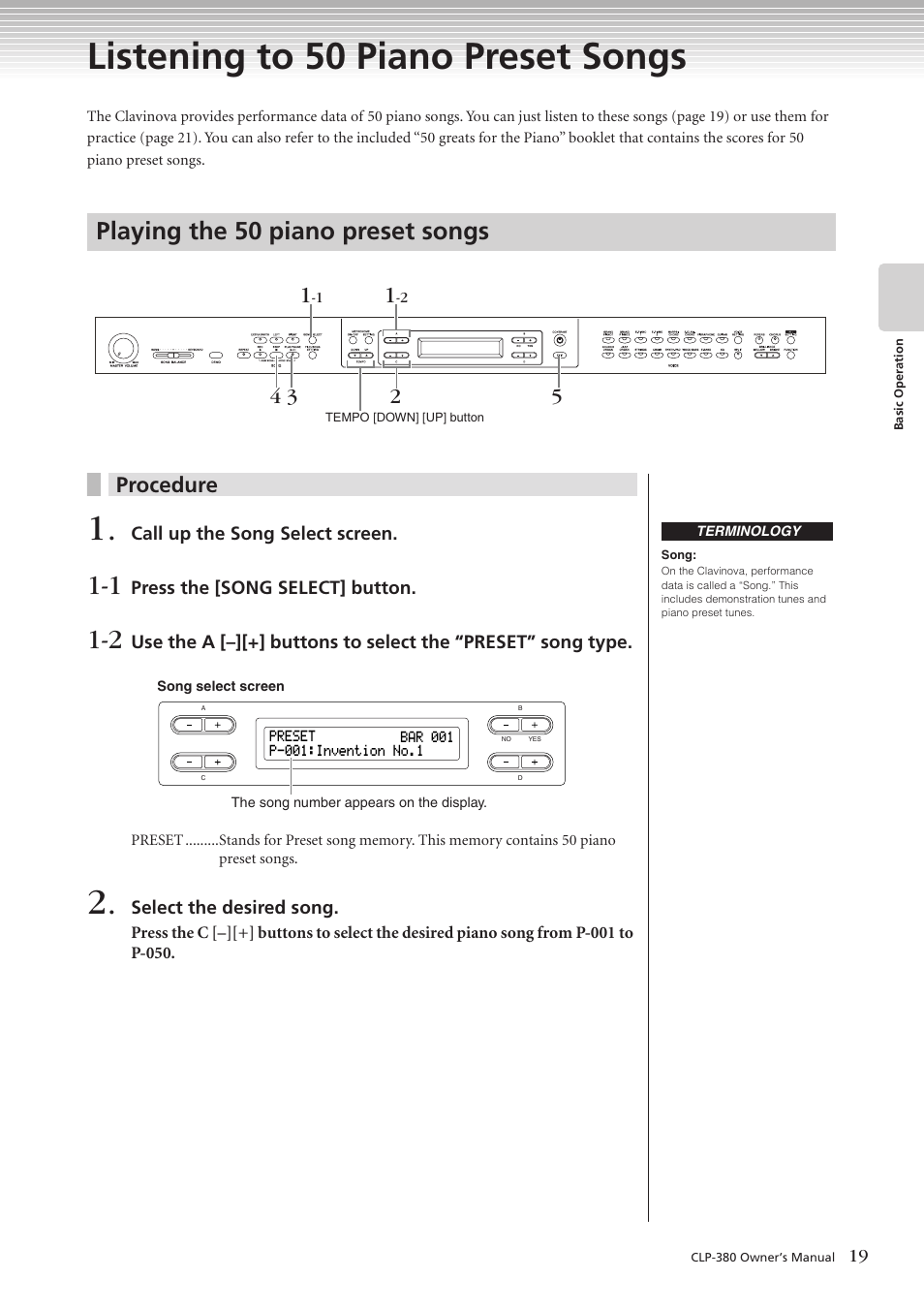 Listening to 50 piano preset songs, Playing the 50 piano preset songs, Procedure | Yamaha CLAVINOVA C L P - 3 8 0 User Manual | Page 19 / 136