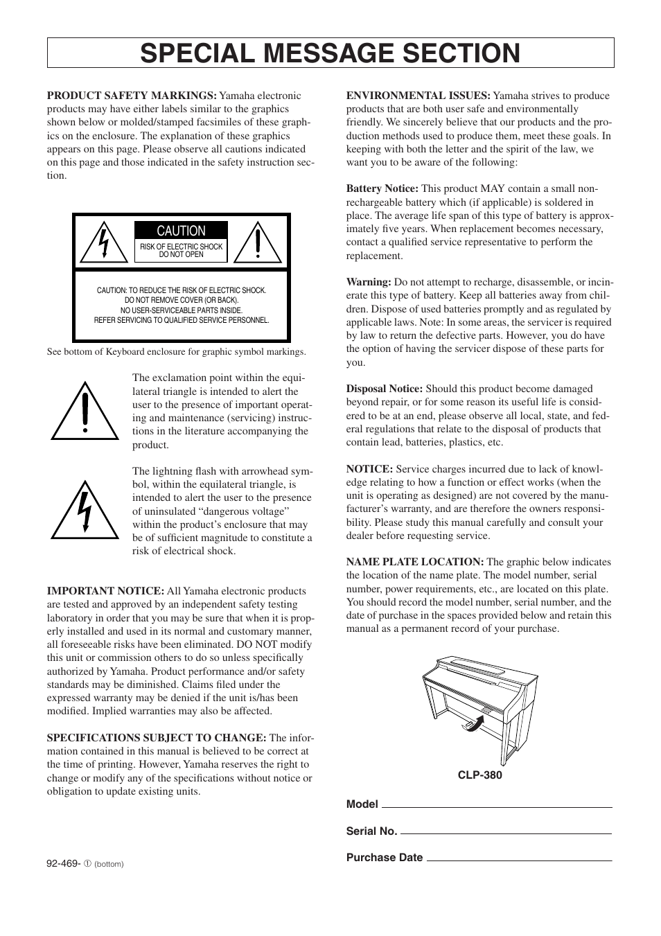 Caution | Yamaha CLAVINOVA C L P - 3 8 0 User Manual | Page 2 / 136