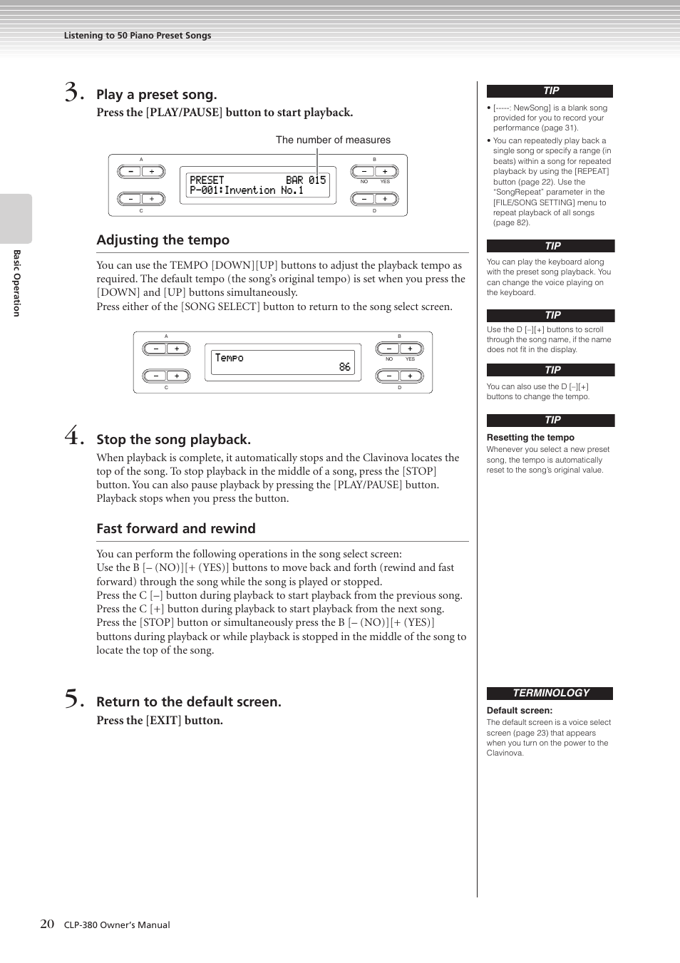 Play a preset song, Adjusting the tempo, Stop the song playback | Fast forward and rewind, Return to the default screen | Yamaha CLAVINOVA C L P - 3 8 0 User Manual | Page 20 / 136