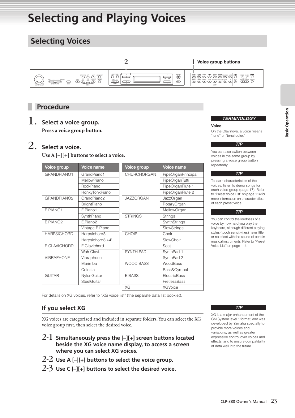 Selecting and playing voices, Selecting voices, Procedure | Select a voice group, Select a voice, If you select xg | Yamaha CLAVINOVA C L P - 3 8 0 User Manual | Page 23 / 136