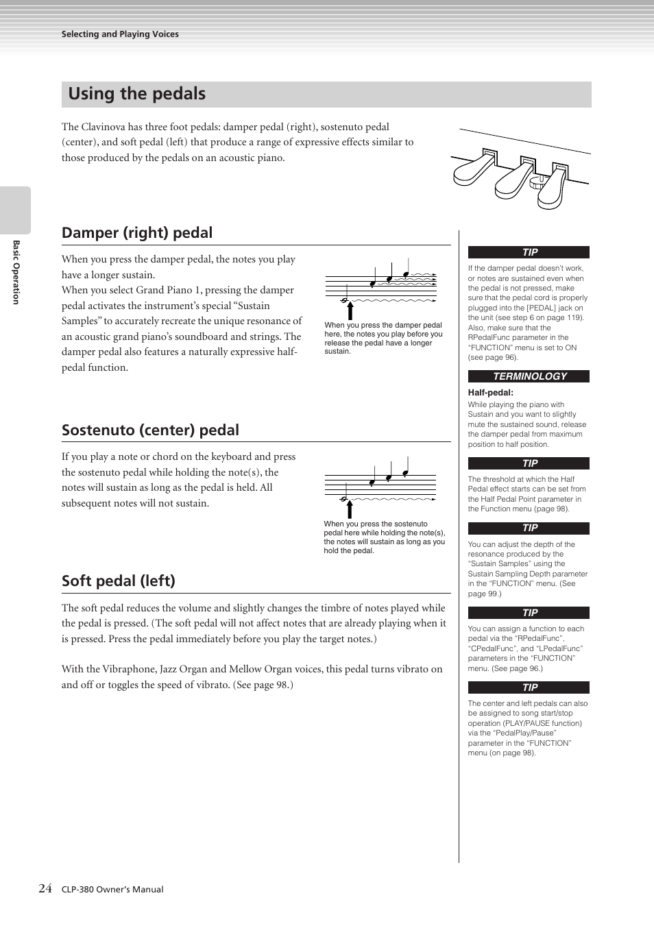 Using the pedals, Damper (right) pedal, Sostenuto (center) pedal | Soft pedal (left) | Yamaha CLAVINOVA C L P - 3 8 0 User Manual | Page 24 / 136