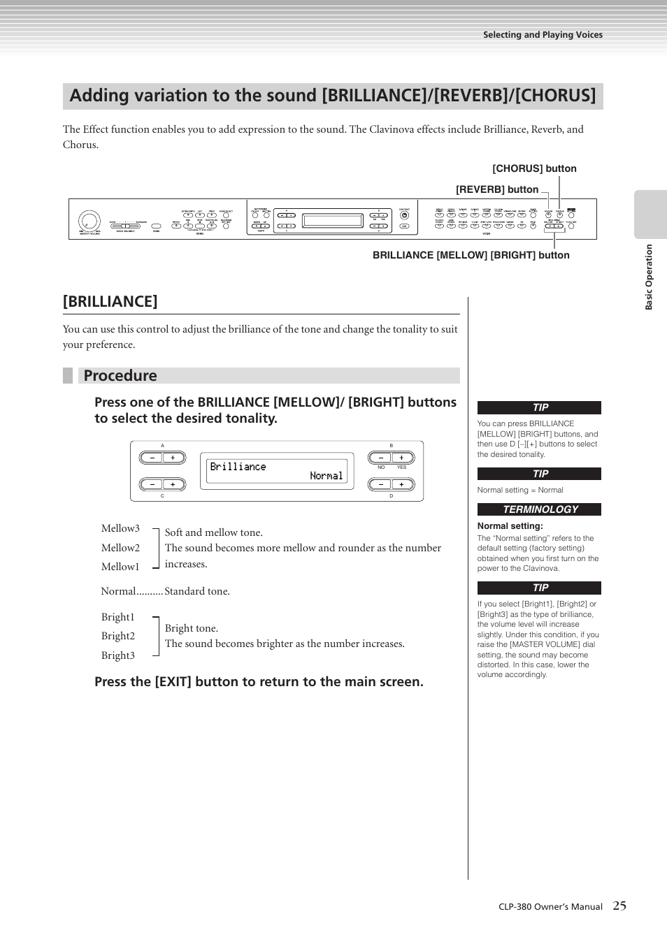 Brilliance, Procedure | Yamaha CLAVINOVA C L P - 3 8 0 User Manual | Page 25 / 136