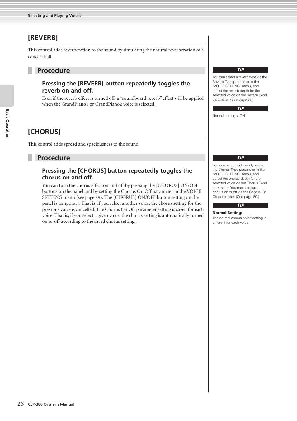 Reverb, Procedure, Chorus | Yamaha CLAVINOVA C L P - 3 8 0 User Manual | Page 26 / 136