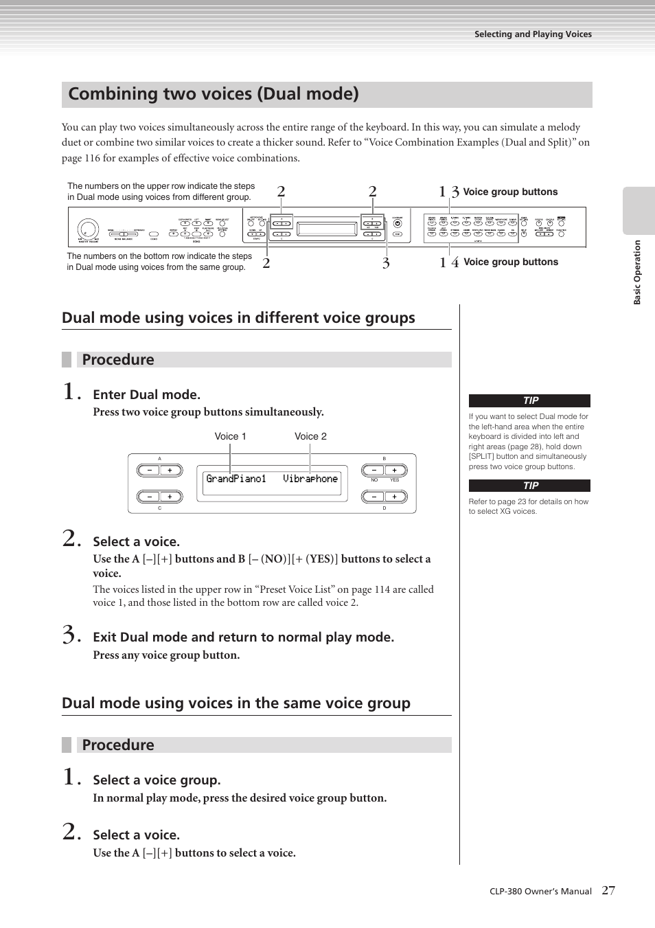 Combining two voices (dual mode) | Yamaha CLAVINOVA C L P - 3 8 0 User Manual | Page 27 / 136