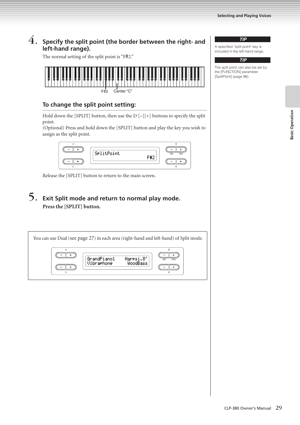 Exit split mode and return to normal play mode, Press the [split] button, See page 27 | Yamaha CLAVINOVA C L P - 3 8 0 User Manual | Page 29 / 136