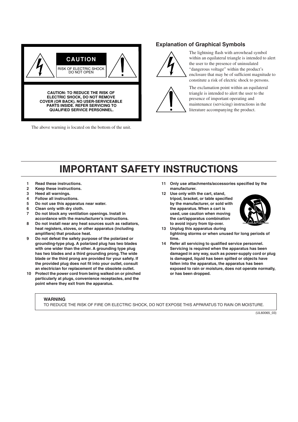 Important safety instructions, Explanation of graphical symbols | Yamaha CLAVINOVA C L P - 3 8 0 User Manual | Page 3 / 136