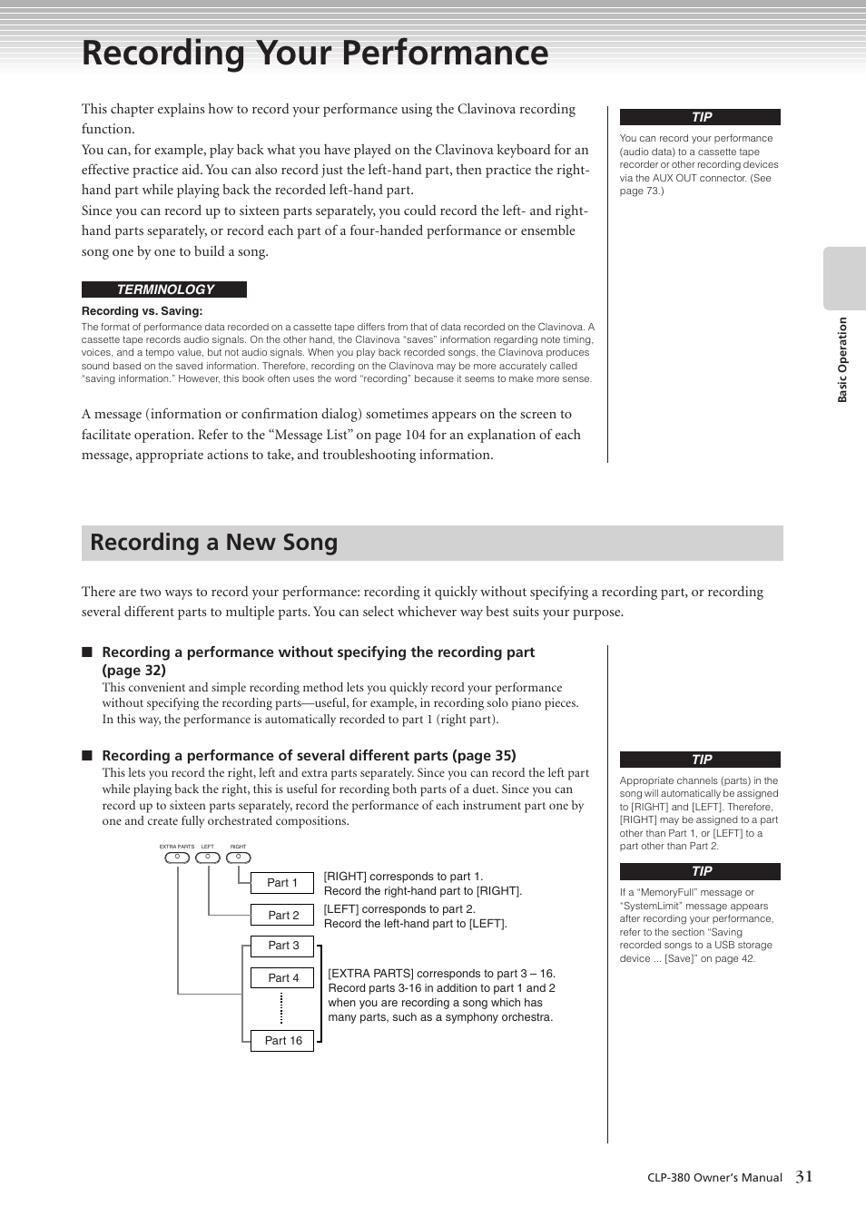 Recording your performance, Recording a new song | Yamaha CLAVINOVA C L P - 3 8 0 User Manual | Page 31 / 136