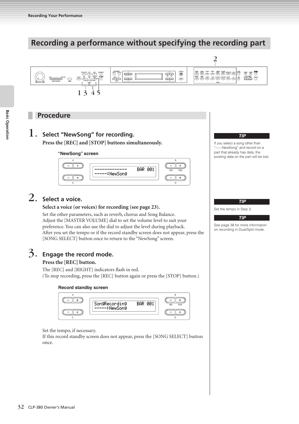 Procedure, Select “newsong” for recording, Select a voice | Engage the record mode | Yamaha CLAVINOVA C L P - 3 8 0 User Manual | Page 32 / 136