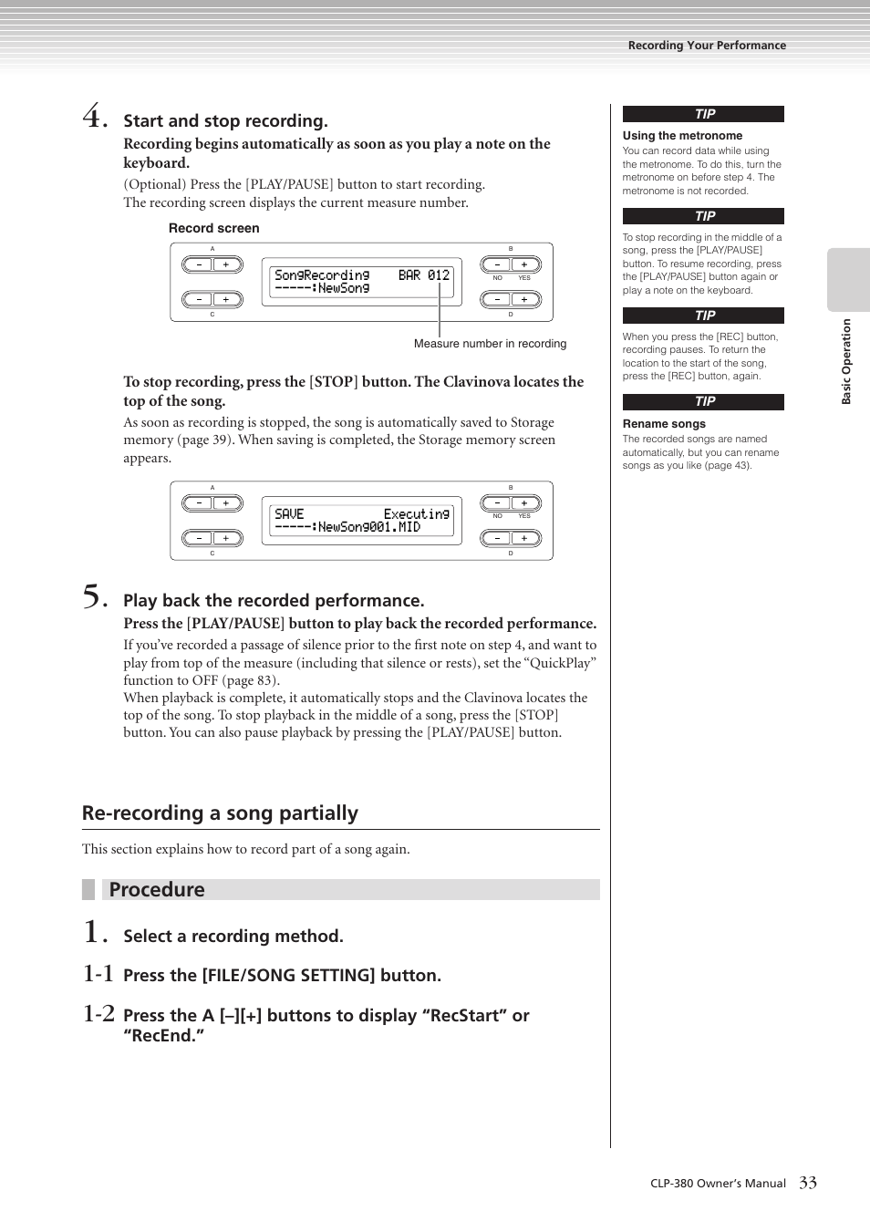 Re-recording a song partially, Procedure, Start and stop recording | Play back the recorded performance, Select a recording method, Press the [file/song setting] button | Yamaha CLAVINOVA C L P - 3 8 0 User Manual | Page 33 / 136