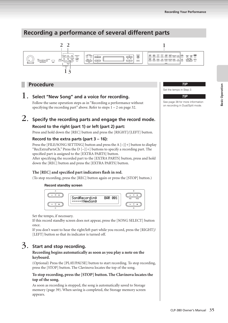 Recording a performance of several different parts, Procedure | Yamaha CLAVINOVA C L P - 3 8 0 User Manual | Page 35 / 136