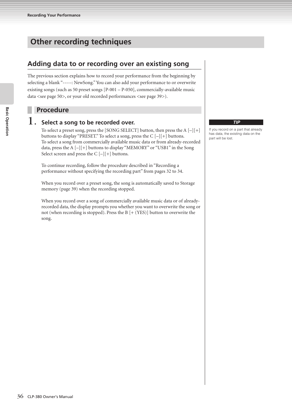 Other recording techniques, Adding data to or recording over an existing song, Procedure | Yamaha CLAVINOVA C L P - 3 8 0 User Manual | Page 36 / 136