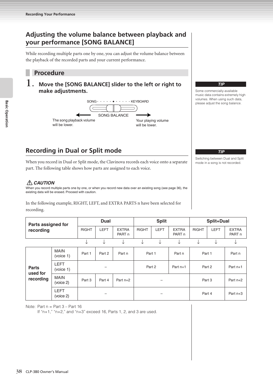 Procedure, Recording in dual or split mode | Yamaha CLAVINOVA C L P - 3 8 0 User Manual | Page 38 / 136