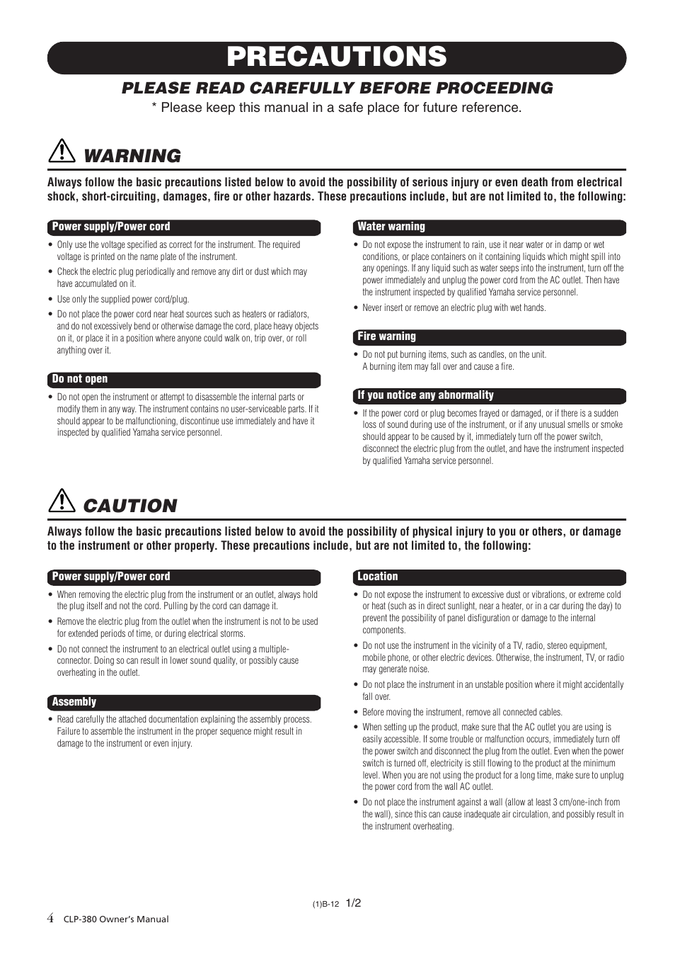 Precautions, Warning, Caution | Please read carefully before proceeding | Yamaha CLAVINOVA C L P - 3 8 0 User Manual | Page 4 / 136