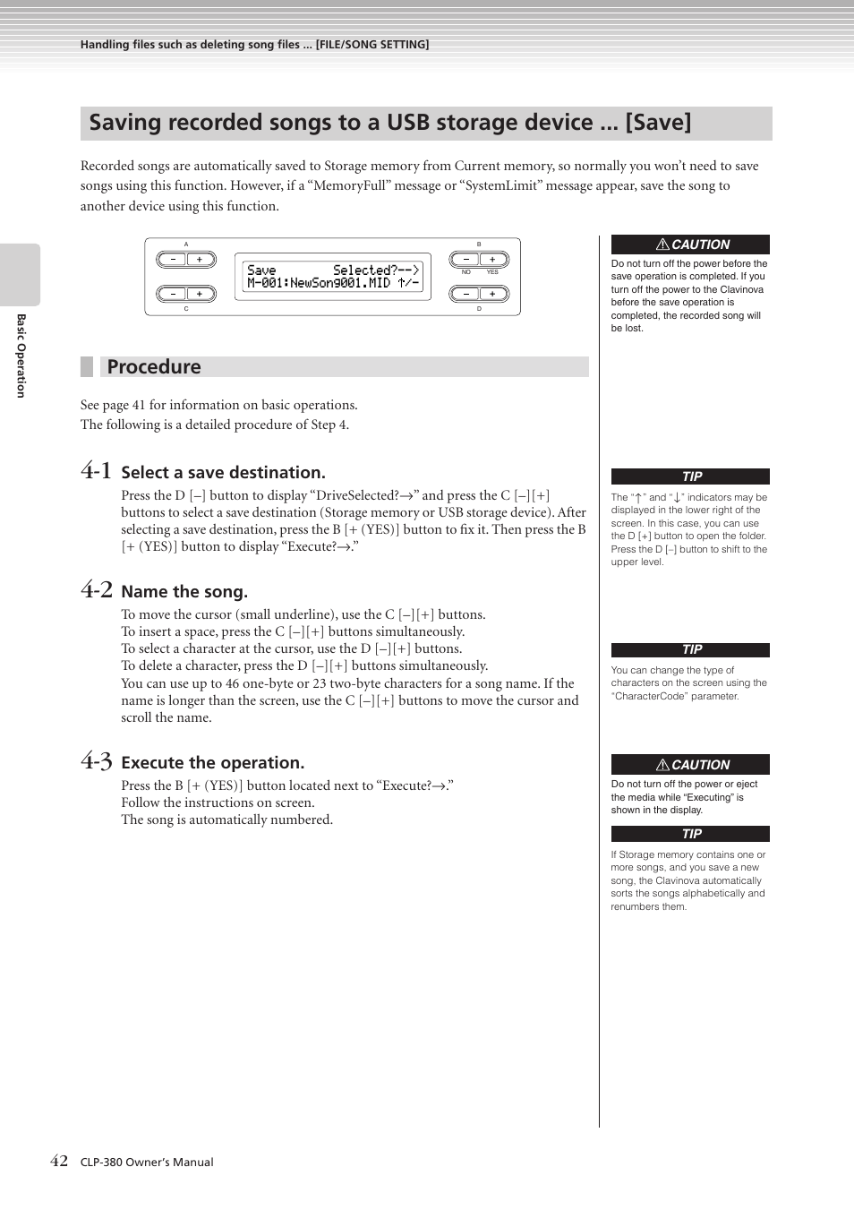 Procedure, Select a save destination, Name the song | Execute the operation | Yamaha CLAVINOVA C L P - 3 8 0 User Manual | Page 42 / 136