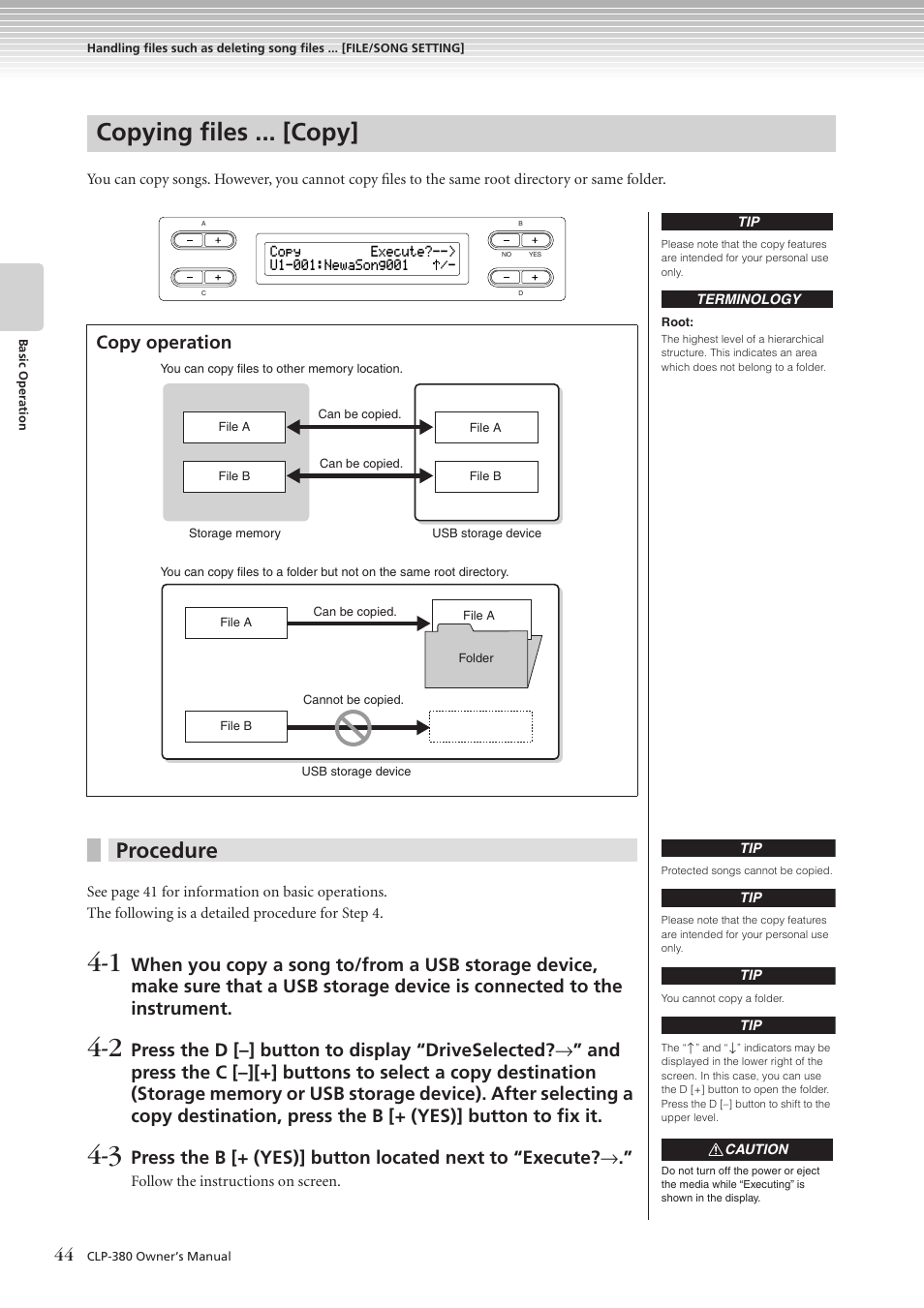 Copying files ... [copy, Procedure, Copy operation | Yamaha CLAVINOVA C L P - 3 8 0 User Manual | Page 44 / 136