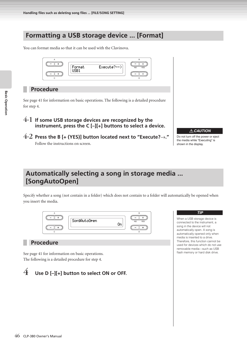 Formatting a usb storage device ... [format, Procedure, Use d [–][+] button to select on or off | Yamaha CLAVINOVA C L P - 3 8 0 User Manual | Page 46 / 136