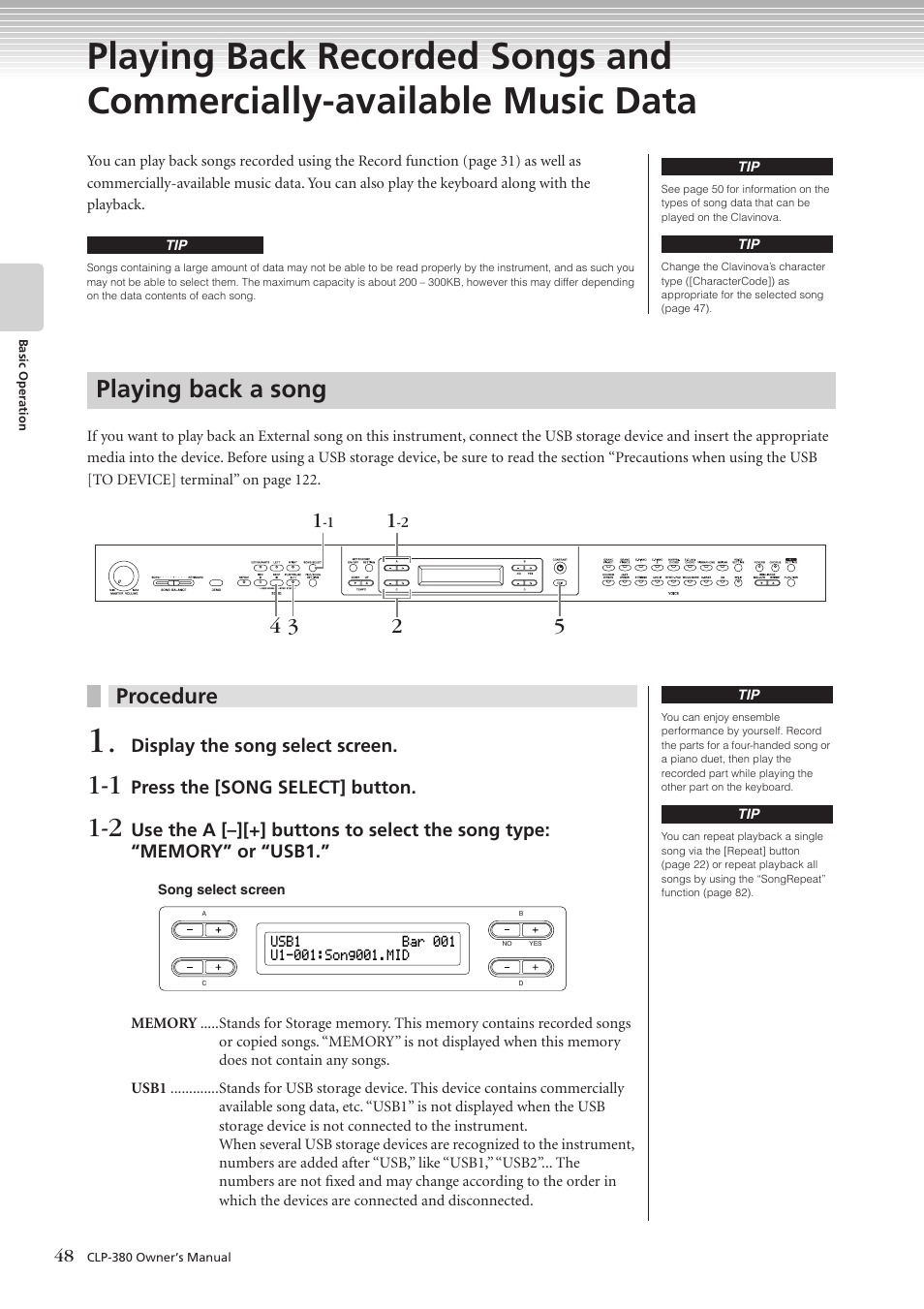 Playing back a song, Procedure | Yamaha CLAVINOVA C L P - 3 8 0 User Manual | Page 48 / 136