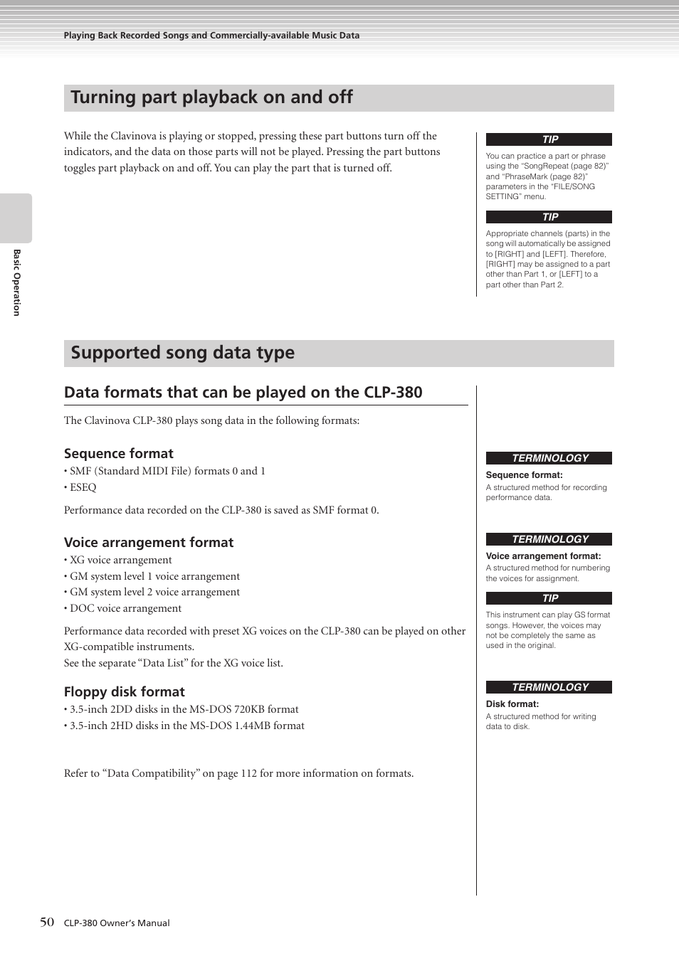 Turning part playback on and off, Supported song data type, Data formats that can be played on the clp-380 | Sequence format, Voice arrangement format, Floppy disk format | Yamaha CLAVINOVA C L P - 3 8 0 User Manual | Page 50 / 136