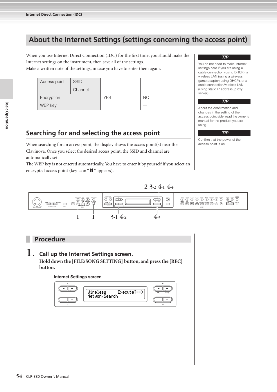Searching for and selecting the access point, Procedure | Yamaha CLAVINOVA C L P - 3 8 0 User Manual | Page 54 / 136