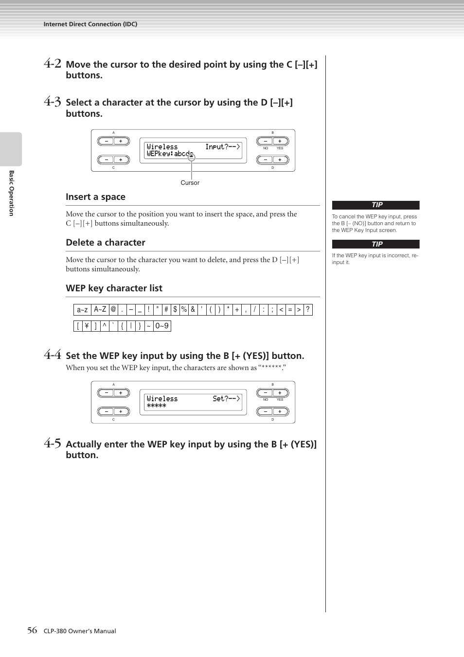 Delete a character, Wep key character list | Yamaha CLAVINOVA C L P - 3 8 0 User Manual | Page 56 / 136