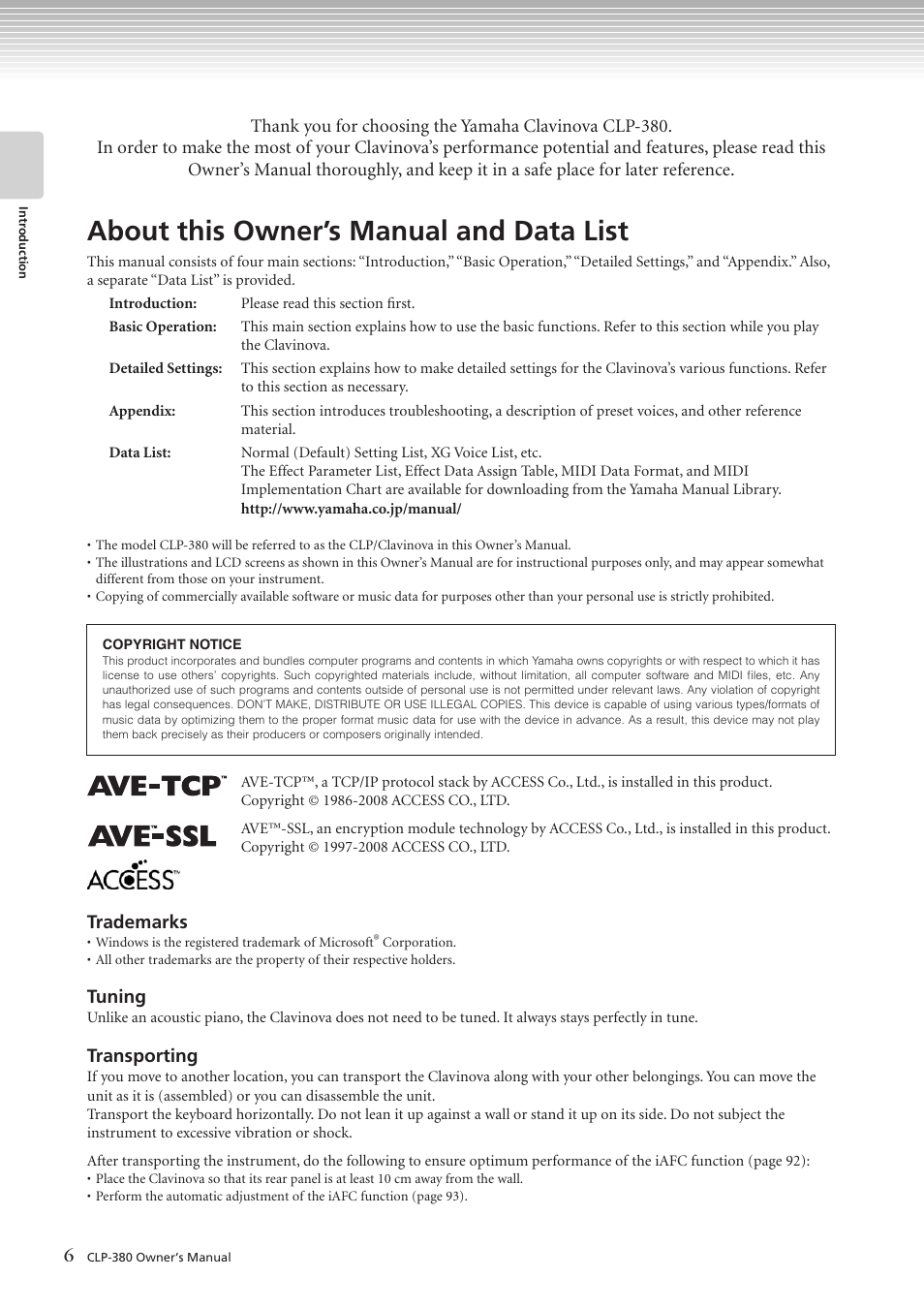 Introduction, About this owner’s manual and data list | Yamaha CLAVINOVA C L P - 3 8 0 User Manual | Page 6 / 136