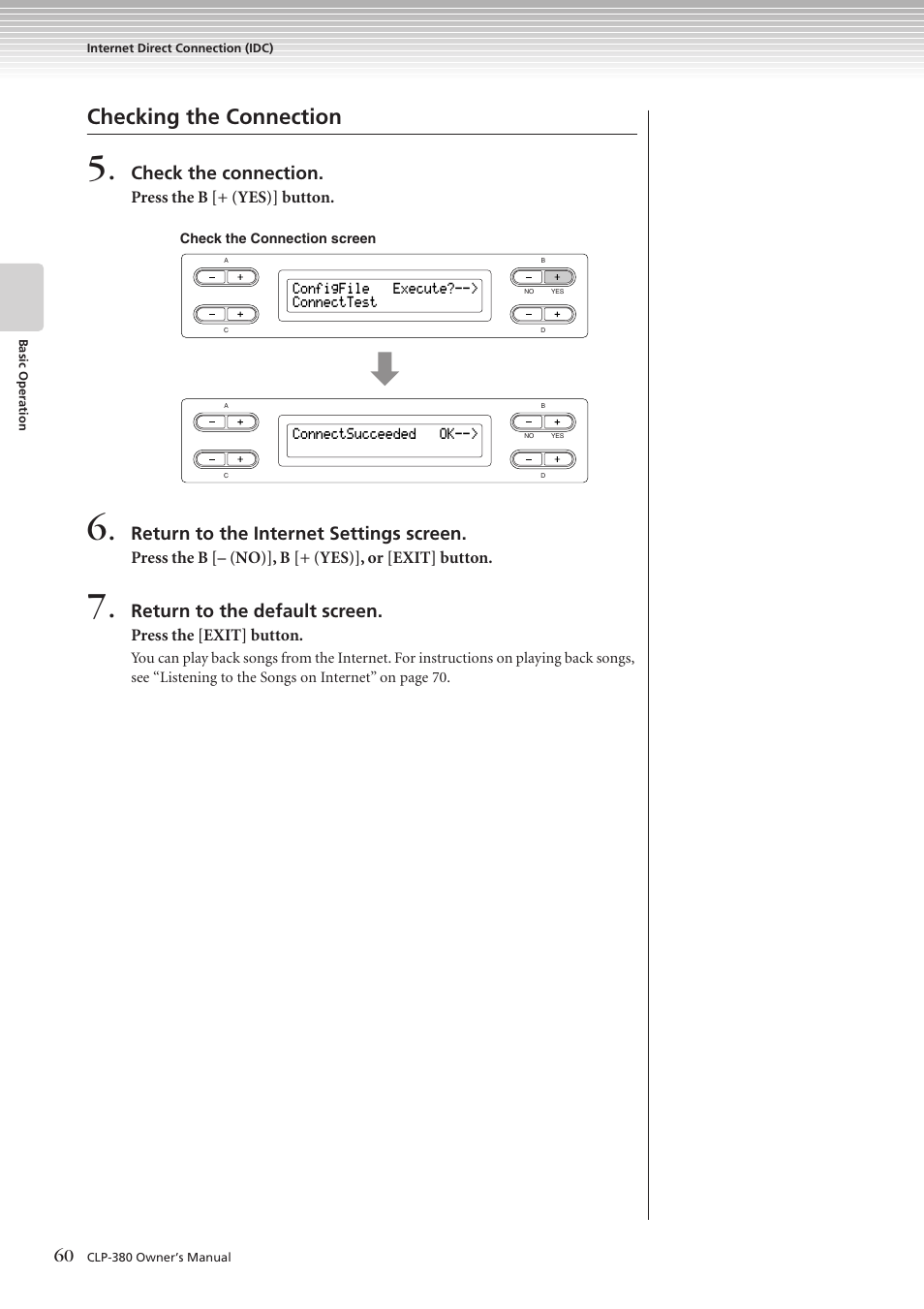 Checking the connection, Check the connection, Return to the internet settings screen | Return to the default screen | Yamaha CLAVINOVA C L P - 3 8 0 User Manual | Page 60 / 136