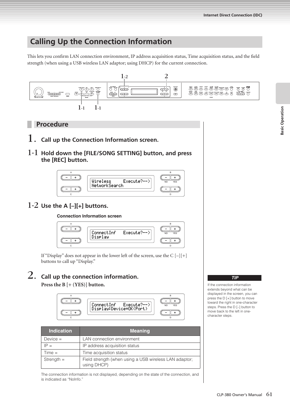 Calling up the connection information, Procedure, Call up the connection information screen | Use the a [–][+] buttons, Call up the connection information | Yamaha CLAVINOVA C L P - 3 8 0 User Manual | Page 61 / 136