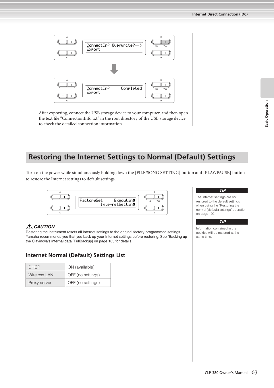 Internet normal (default) settings list, Connectinf overwrite?--> export, Connectinf completed export | Factoryset executing internetsetting | Yamaha CLAVINOVA C L P - 3 8 0 User Manual | Page 63 / 136