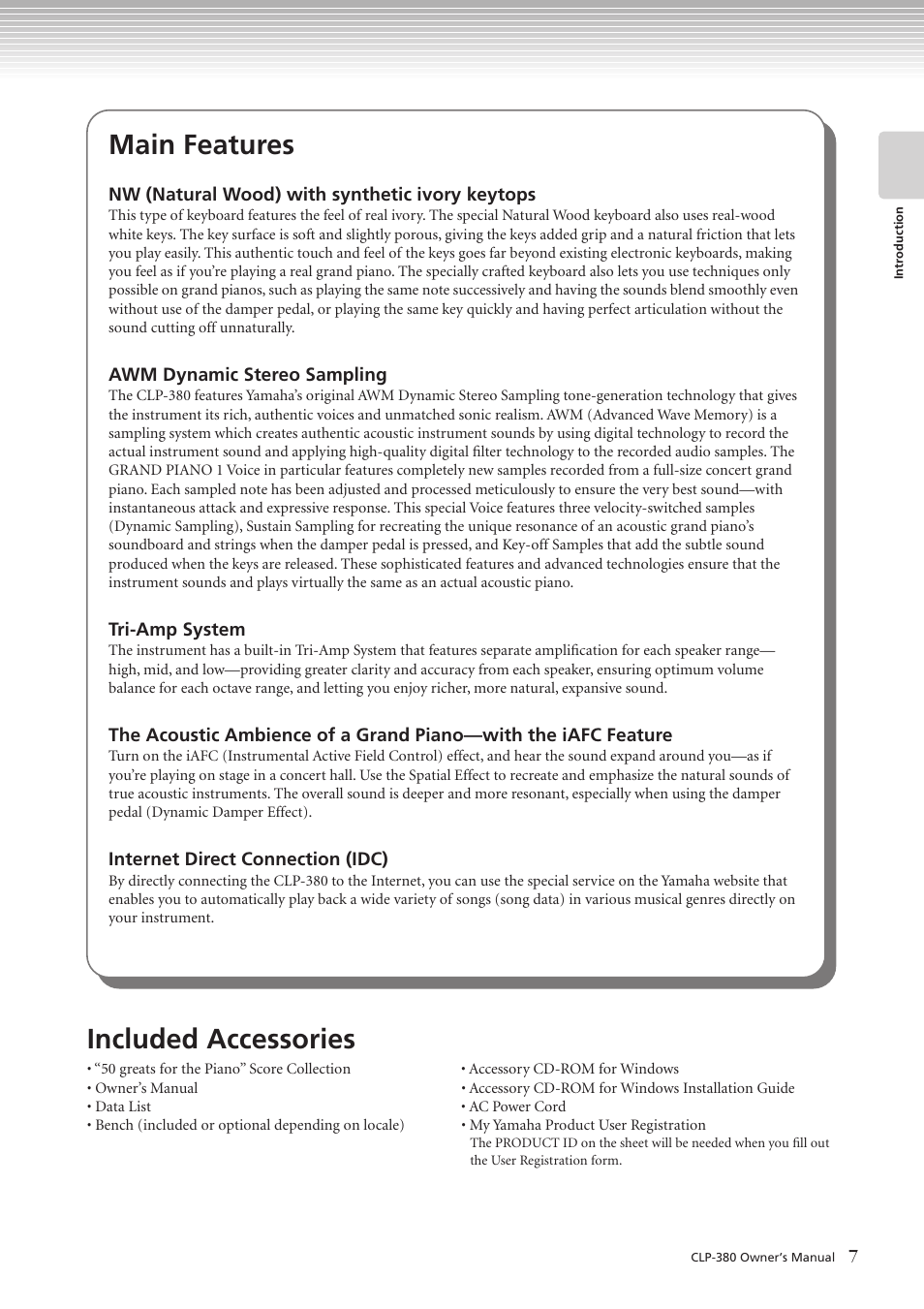 Main features, Included accessories | Yamaha CLAVINOVA C L P - 3 8 0 User Manual | Page 7 / 136