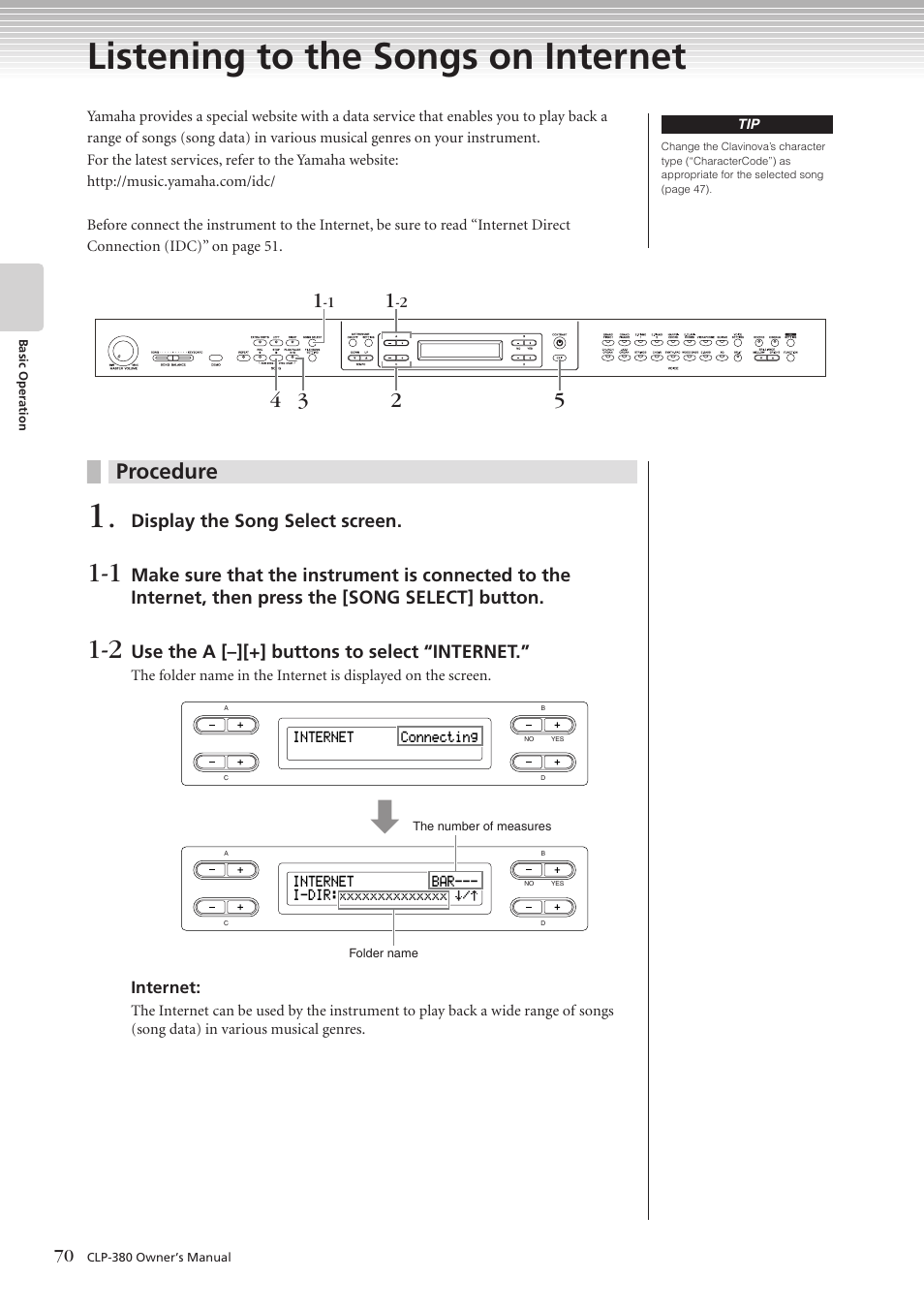 Listening to the songs on internet, Procedure, Display the song select screen | Use the a [–][+] buttons to select “internet | Yamaha CLAVINOVA C L P - 3 8 0 User Manual | Page 70 / 136