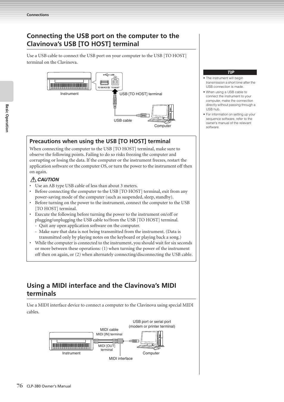 Precautions when using the usb [to host] terminal | Yamaha CLAVINOVA C L P - 3 8 0 User Manual | Page 76 / 136