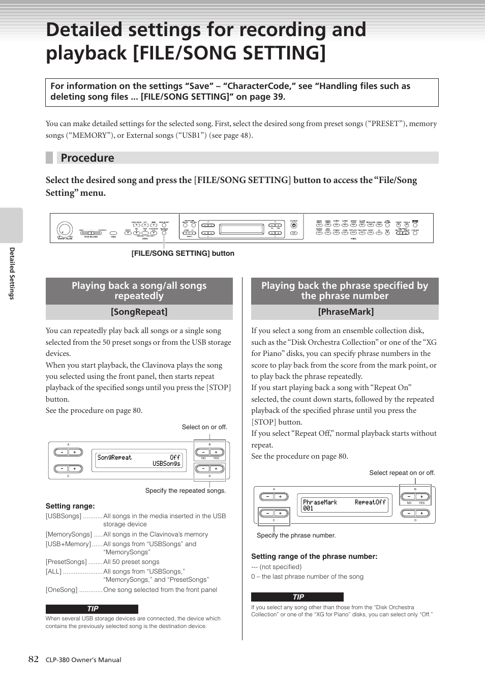 Procedure, Playing back a song/all songs repeatedly, Songrepeat | Phrasemark | Yamaha CLAVINOVA C L P - 3 8 0 User Manual | Page 82 / 136