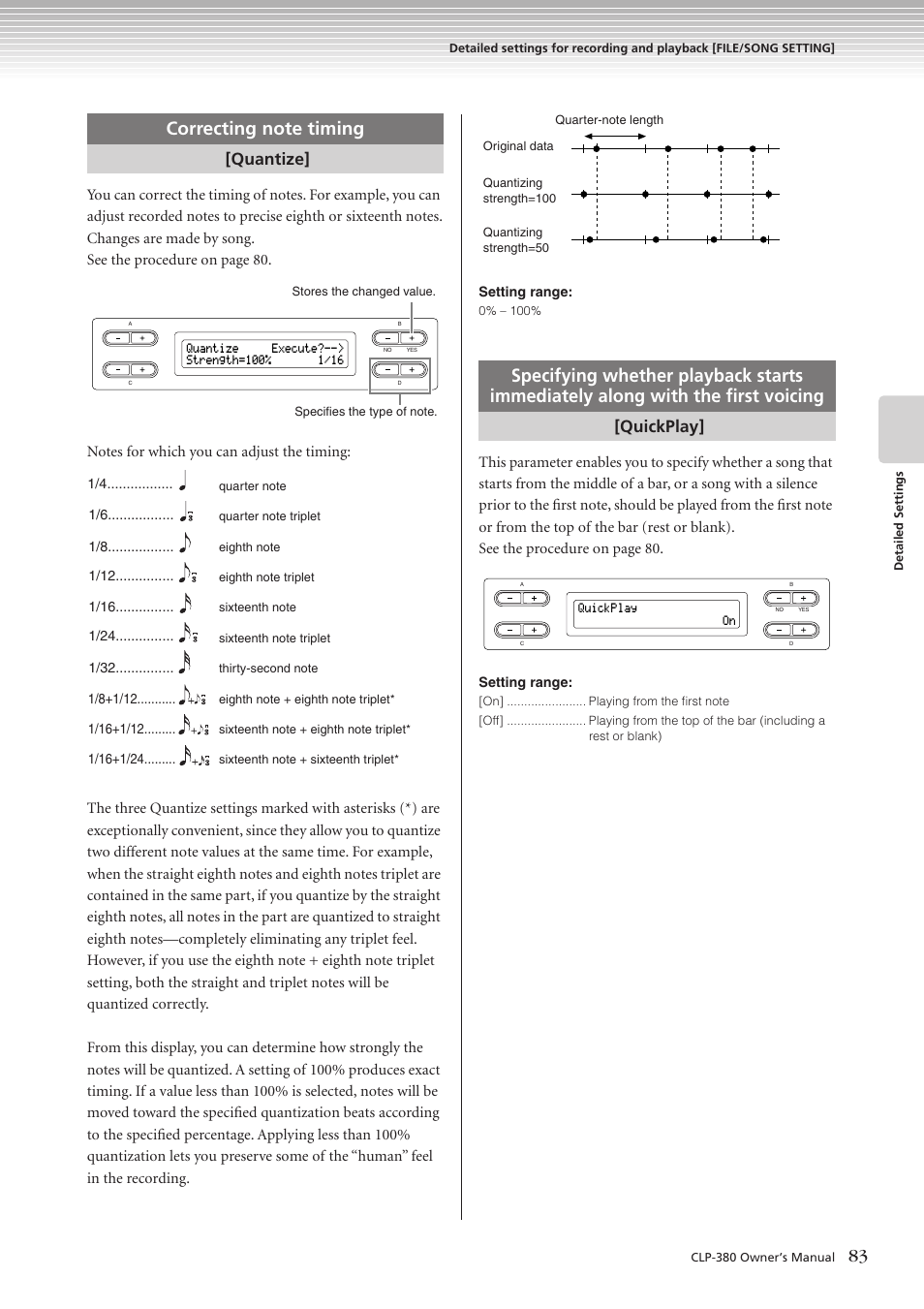 Quantize, Quickplay | Yamaha CLAVINOVA C L P - 3 8 0 User Manual | Page 83 / 136