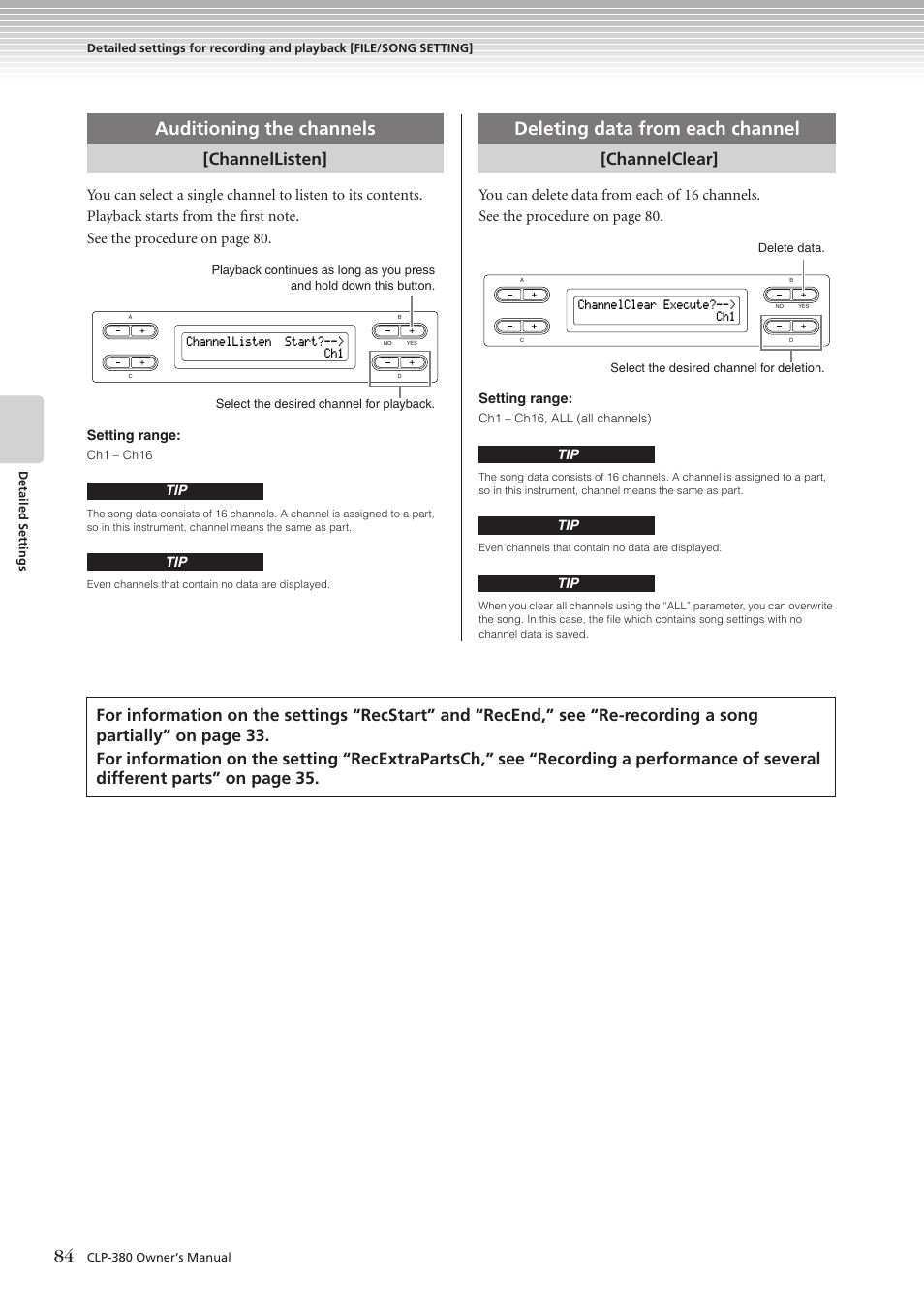 Auditioning the channels, Deleting data from each channel, Channellisten | Channelclear | Yamaha CLAVINOVA C L P - 3 8 0 User Manual | Page 84 / 136