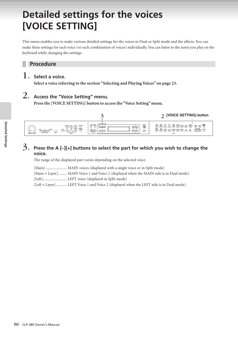 Detailed settings for the voices [voice setting | Yamaha CLAVINOVA C L P - 3 8 0 User Manual | Page 86 / 136