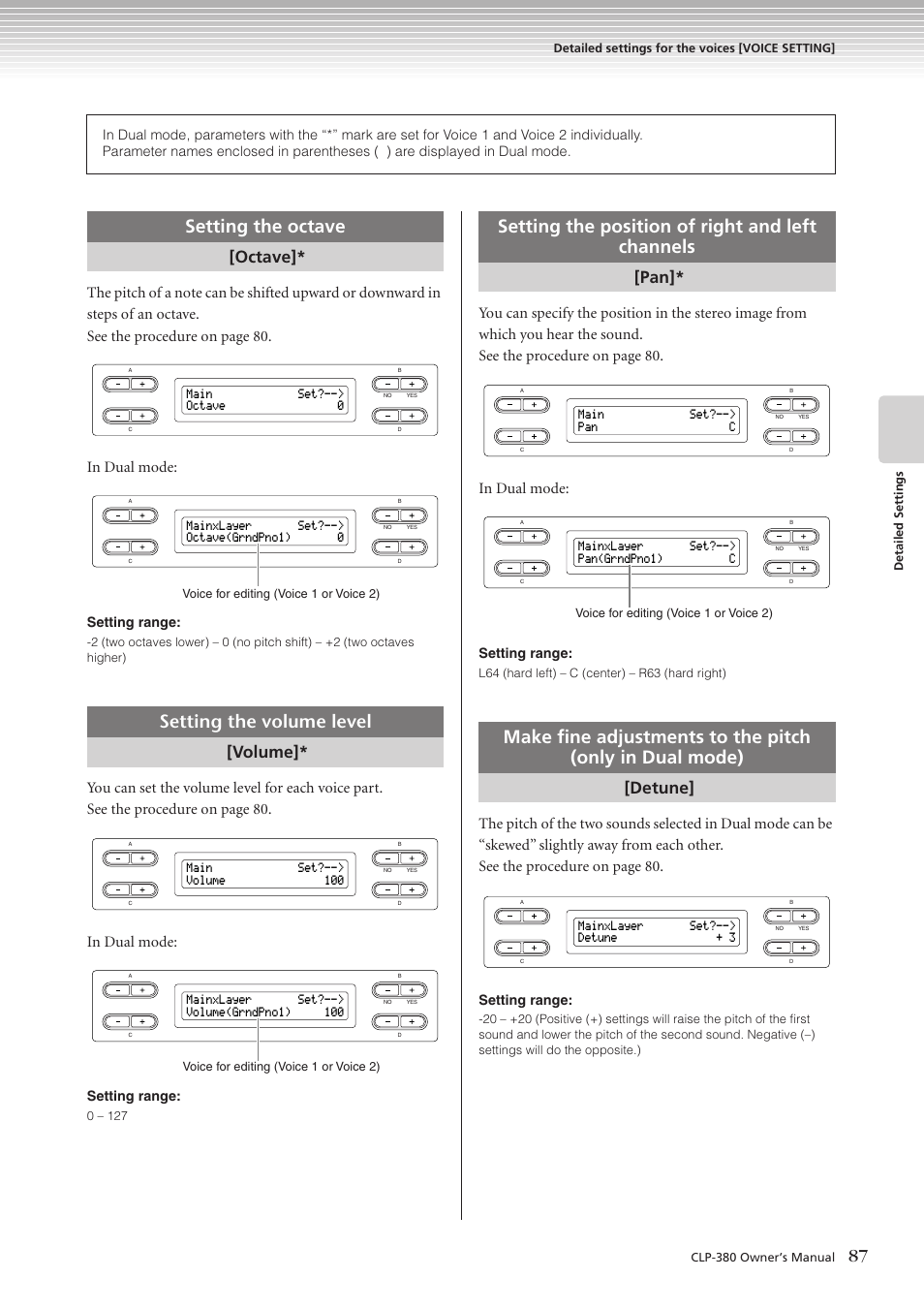 Setting the octave, Setting the volume level, Setting the position of right and left channels | Octave, Volume, Detune, Setting range | Yamaha CLAVINOVA C L P - 3 8 0 User Manual | Page 87 / 136