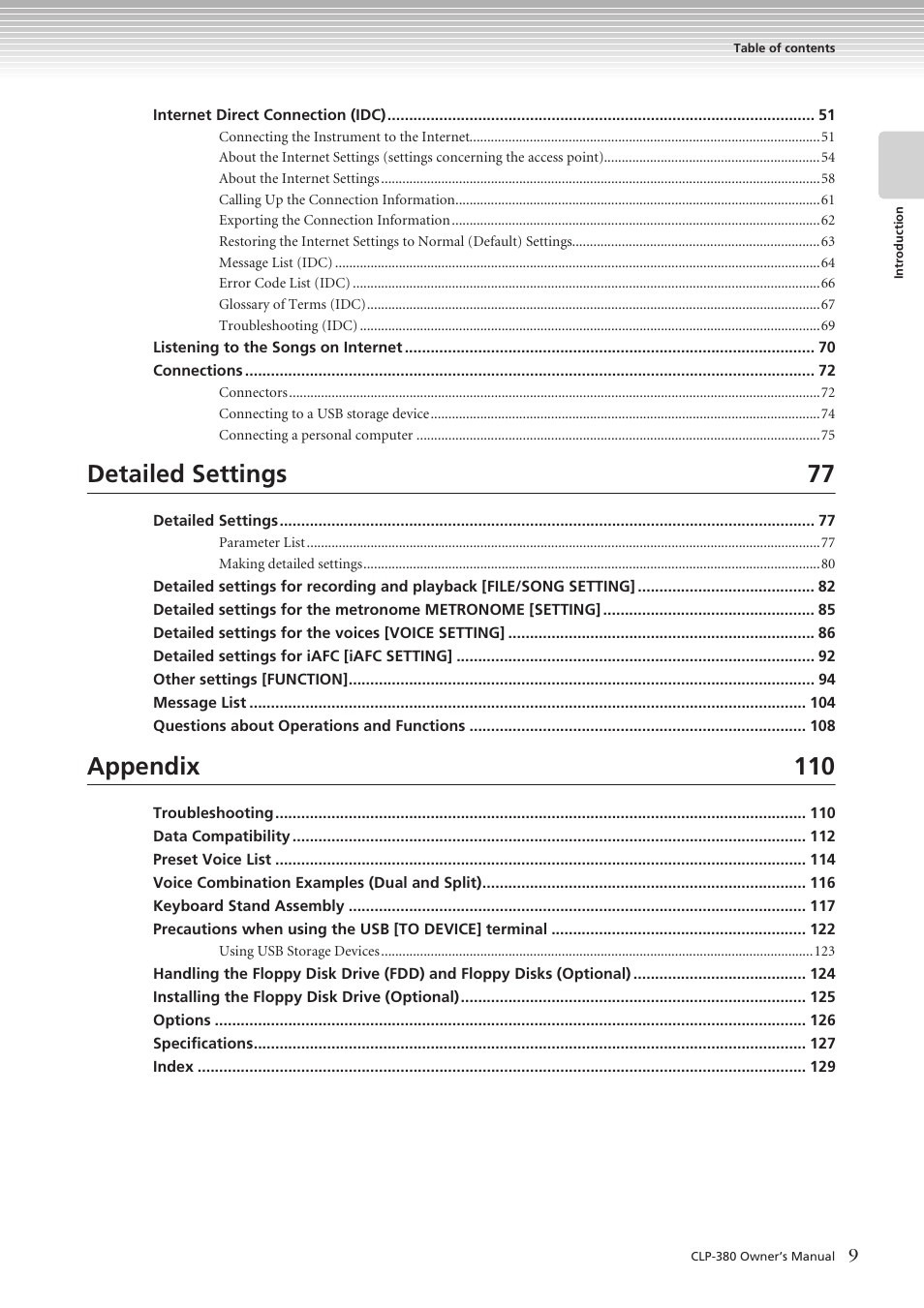 Detailed settings 77, Appendix 110 | Yamaha CLAVINOVA C L P - 3 8 0 User Manual | Page 9 / 136