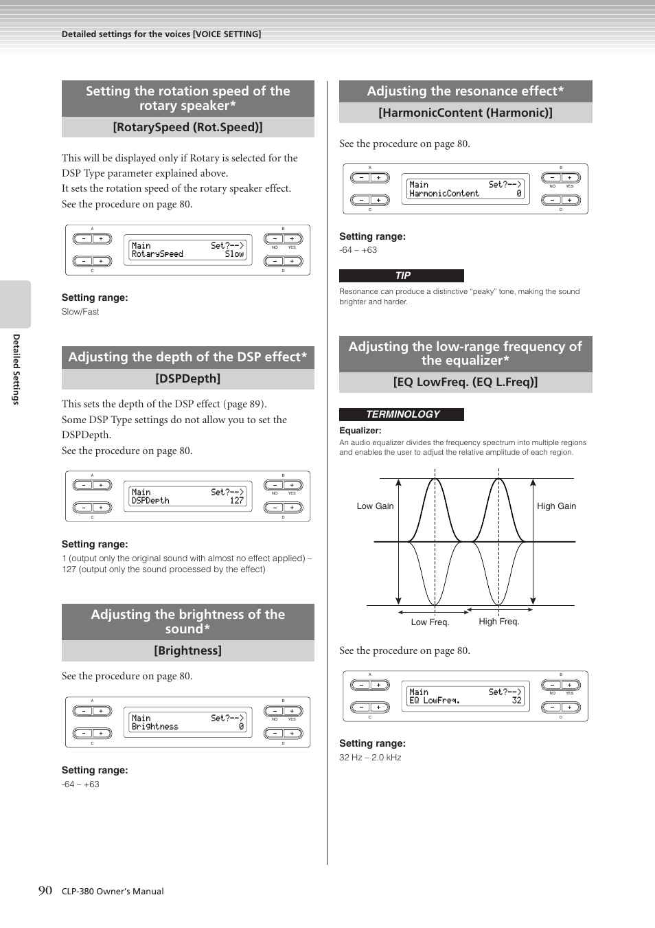 Setting the rotation speed of the rotary speaker, Adjusting the depth of the dsp effect, Adjusting the brightness of the sound | Adjusting the resonance effect, Adjusting the low-range frequency of the equalizer, Rotaryspeed (rot.speed), Dspdepth, Brightness, Harmoniccontent (harmonic), Eq lowfreq. (eq l.freq) | Yamaha CLAVINOVA C L P - 3 8 0 User Manual | Page 90 / 136