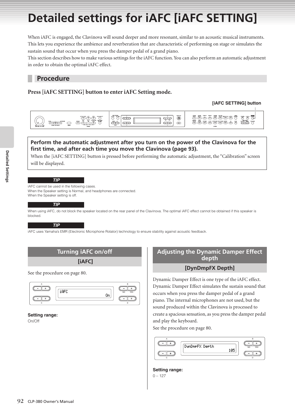 Detailed settings for iafc [iafc setting, Procedure, Turning iafc on/off | Adjusting the dynamic damper effect depth, Iafc, Dyndmpfx depth | Yamaha CLAVINOVA C L P - 3 8 0 User Manual | Page 92 / 136