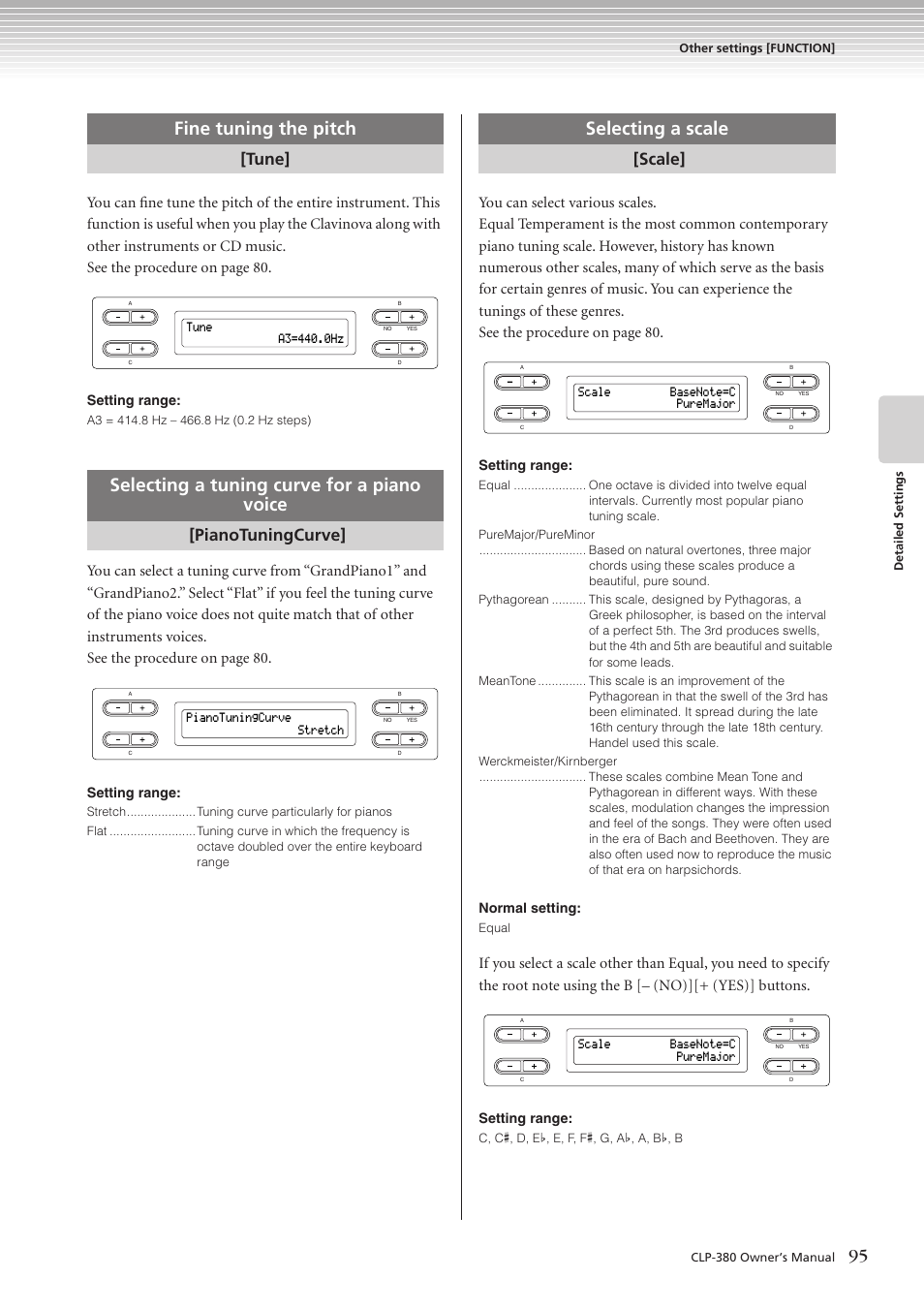 Fine tuning the pitch, Selecting a tuning curve for a piano voice, Selecting a scale | Tune, Pianotuningcurve, Scale | Yamaha CLAVINOVA C L P - 3 8 0 User Manual | Page 95 / 136