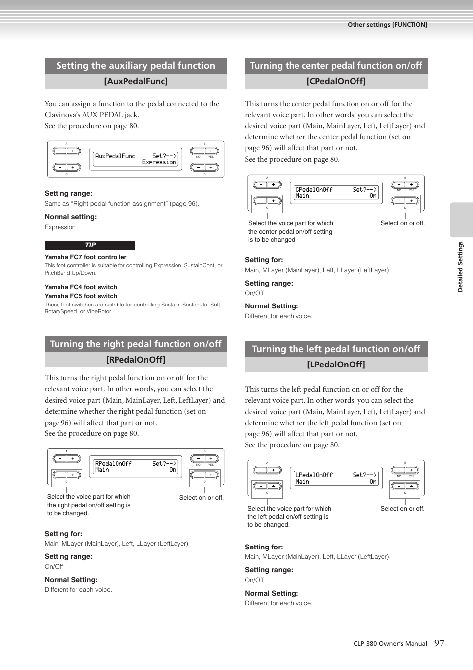 Setting the auxiliary pedal function, Turning the right pedal function on/off, Turning the center pedal function on/off | Turning the left pedal function on/off, Auxpedalfunc, Rpedalonoff, Cpedalonoff, Lpedalonoff | Yamaha CLAVINOVA C L P - 3 8 0 User Manual | Page 97 / 136