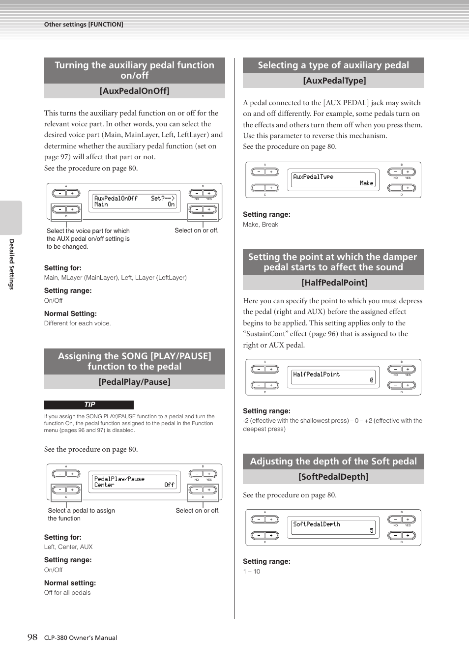 Turning the auxiliary pedal function on/off, Selecting a type of auxiliary pedal, Adjusting the depth of the soft pedal | Auxpedalonoff, Pedalplay/pause, Auxpedaltype, Halfpedalpoint, Softpedaldepth, See the procedur e on page 80 | Yamaha CLAVINOVA C L P - 3 8 0 User Manual | Page 98 / 136