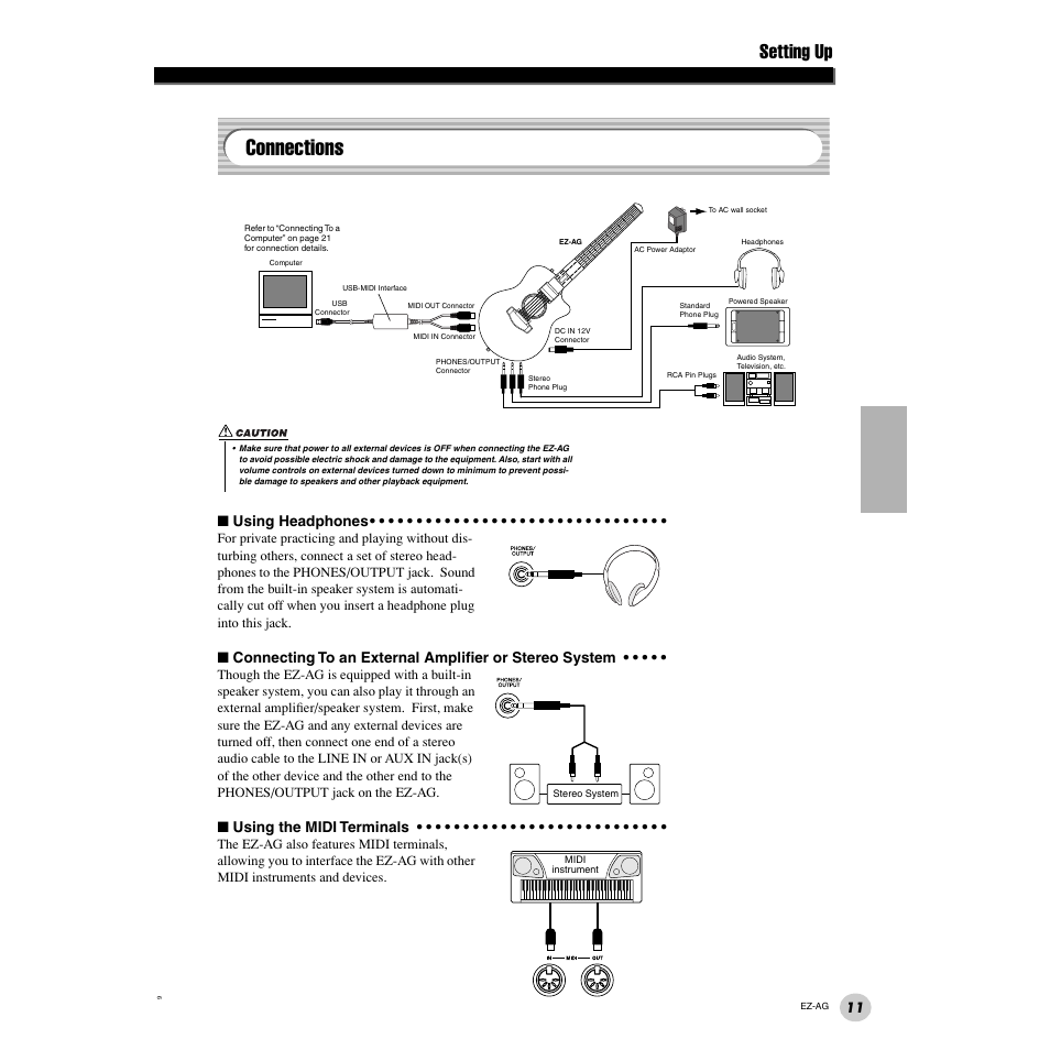 Connections, Setting up, Using headphones | Using the midi terminals | Yamaha 2 EZ-AG User Manual | Page 11 / 36