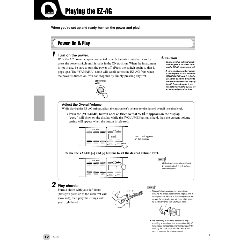 Playing the ez-ag, Power on & play, Age 12) | Turn on the power, Play chords, Adjust the overall volume | Yamaha 2 EZ-AG User Manual | Page 12 / 36